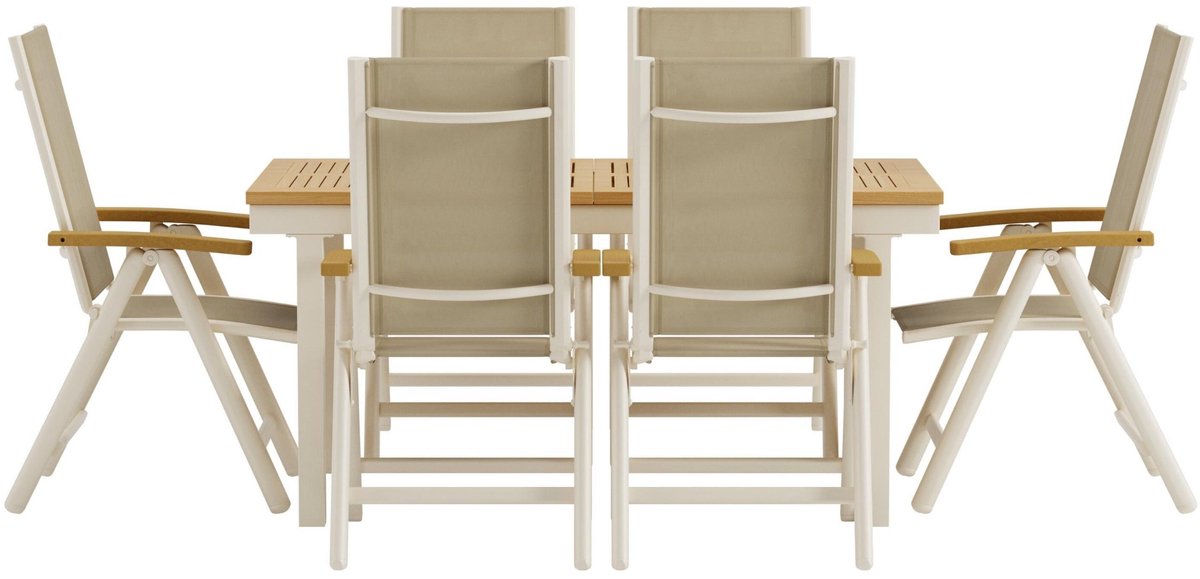 Panama tuinmeubelset tafel met uitschuif 90x160cm naturel 6 stoelen beige.
