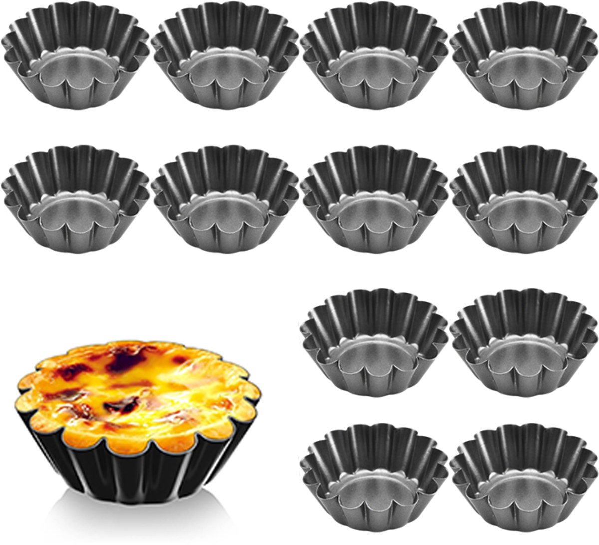 12-stuks Eiertaartvorm - Mini taartvorm - Antiaanbak taartvorm van koolstofstaal - Muffinvorm - Cakevorm van koolstofstaal - 6,5*6,5*2 cm - Geschikt voor het maken van eiertaartjes, cupcakes, taarten, enz. - Zwart