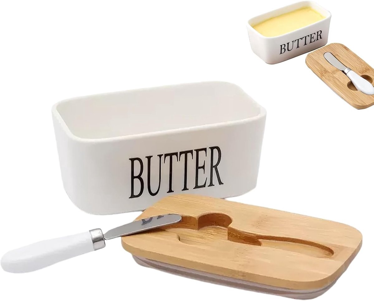 Elegante botervloot met houten deksel en mes, ideaal voor kaas en noten, met dubbellaagse siliconen afdichting voor optimale versheid (350 ml/wit)