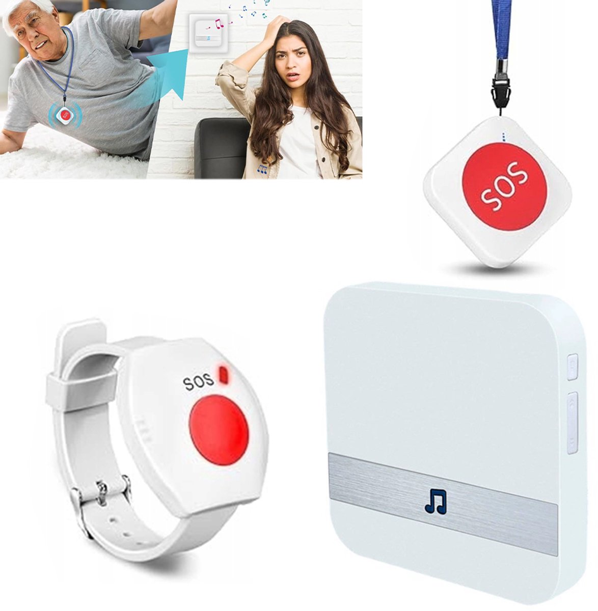 Alarmkit voor ouderen met noodoproepfunctie - Uitgerust met SOS-noodknop - Waterdichte polsband - Noodknop - Draadloze slimme communicatie - Afstandsbediening met groot bereik - Noodoproepknop voor ouderen - ABS - Wit