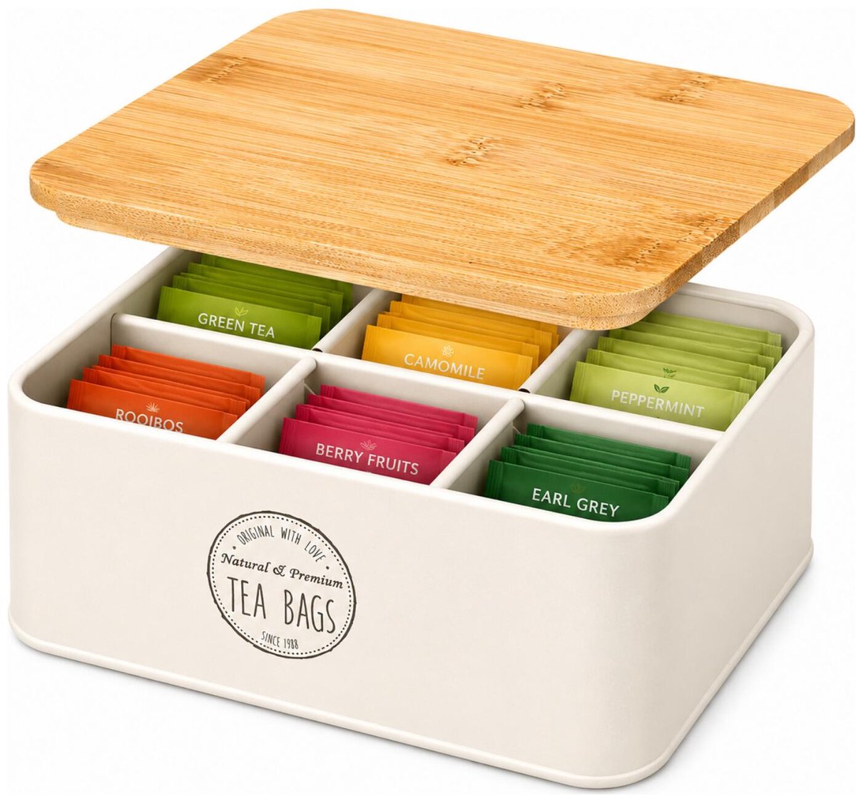 Kinvara Theedoos - creme wit - 6-vaks - metaal - 16 x 19 x 8 cm - met bamboe deksel - theebox
