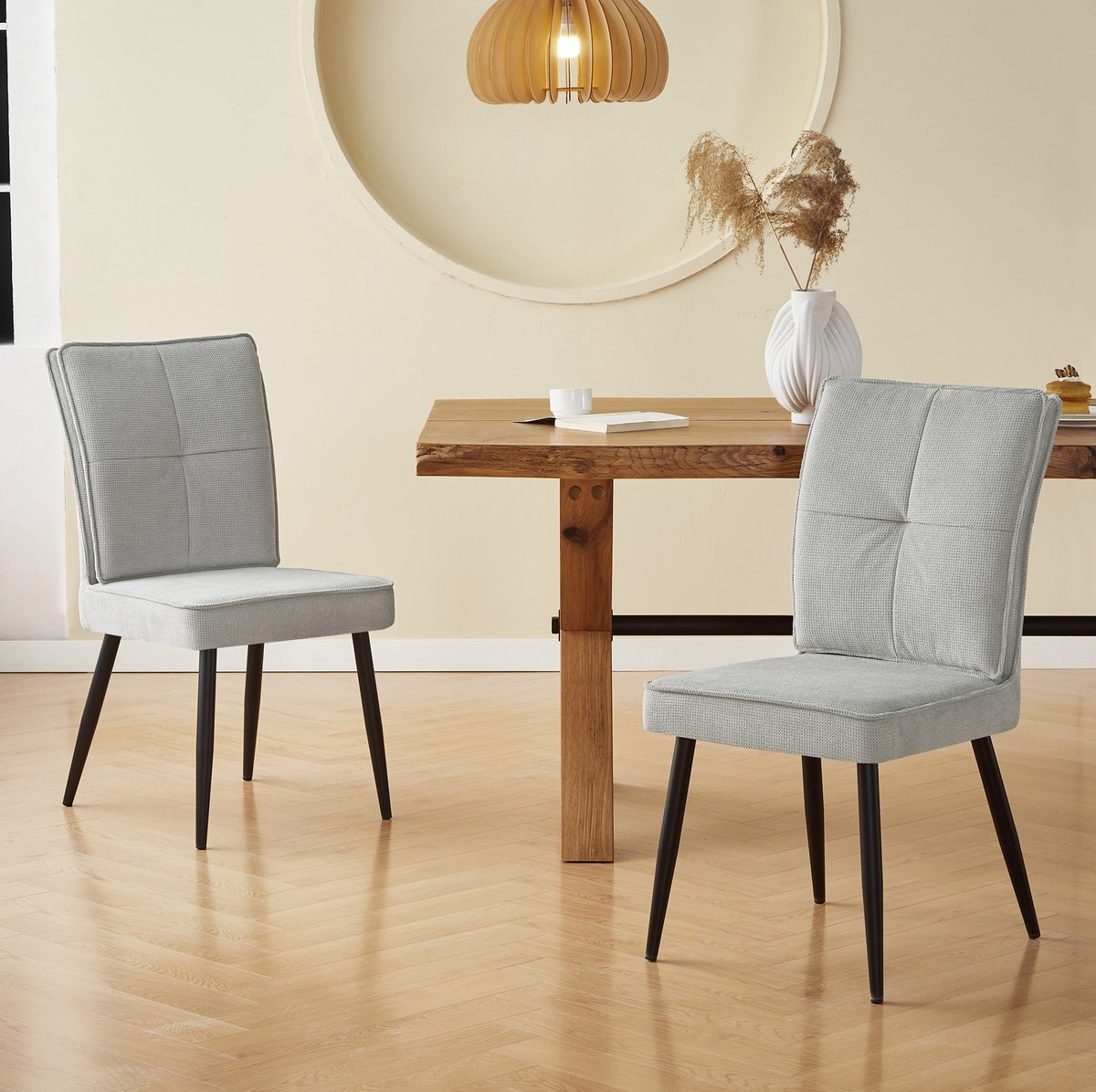 FloraGrace Eetkamerstoel – Luxe Hahnentanddessin – Set Van 2 – Velvet – Modern – Lichtgrijs – Voor Eetkamer, Woonkamer Of Werkkamer – Met Metalen Poten