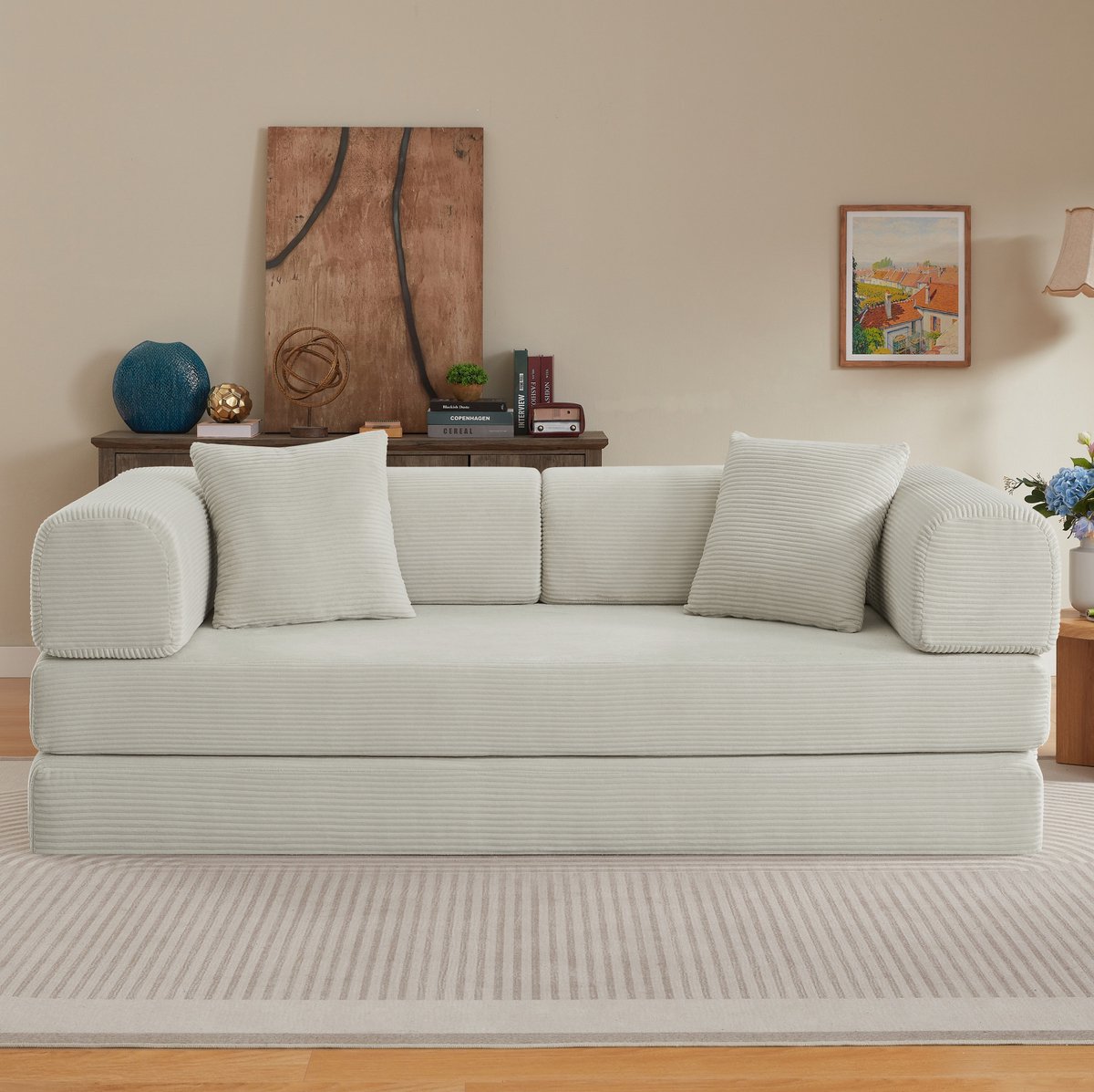 Wishdor - Slaapbank - 3-zits opklapbaar met slaapfunctie en 2 kussens - Scandinavisch - woonkamer of slaapkamer - corduroy stof - beige