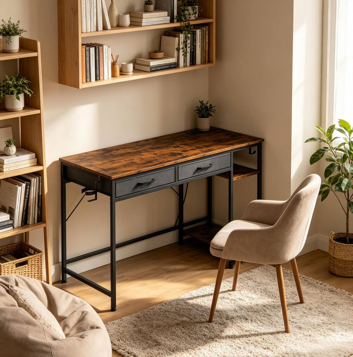 FloraGrace Bureau 120 x 51 x 75 cm – Met 2 Stoffen Laden, Laadstation, Koptelefoonhouder En Bekhouder – Voor Kantoor, Studie En Gaming – Hout En Metaal – Rustiek Bruin
