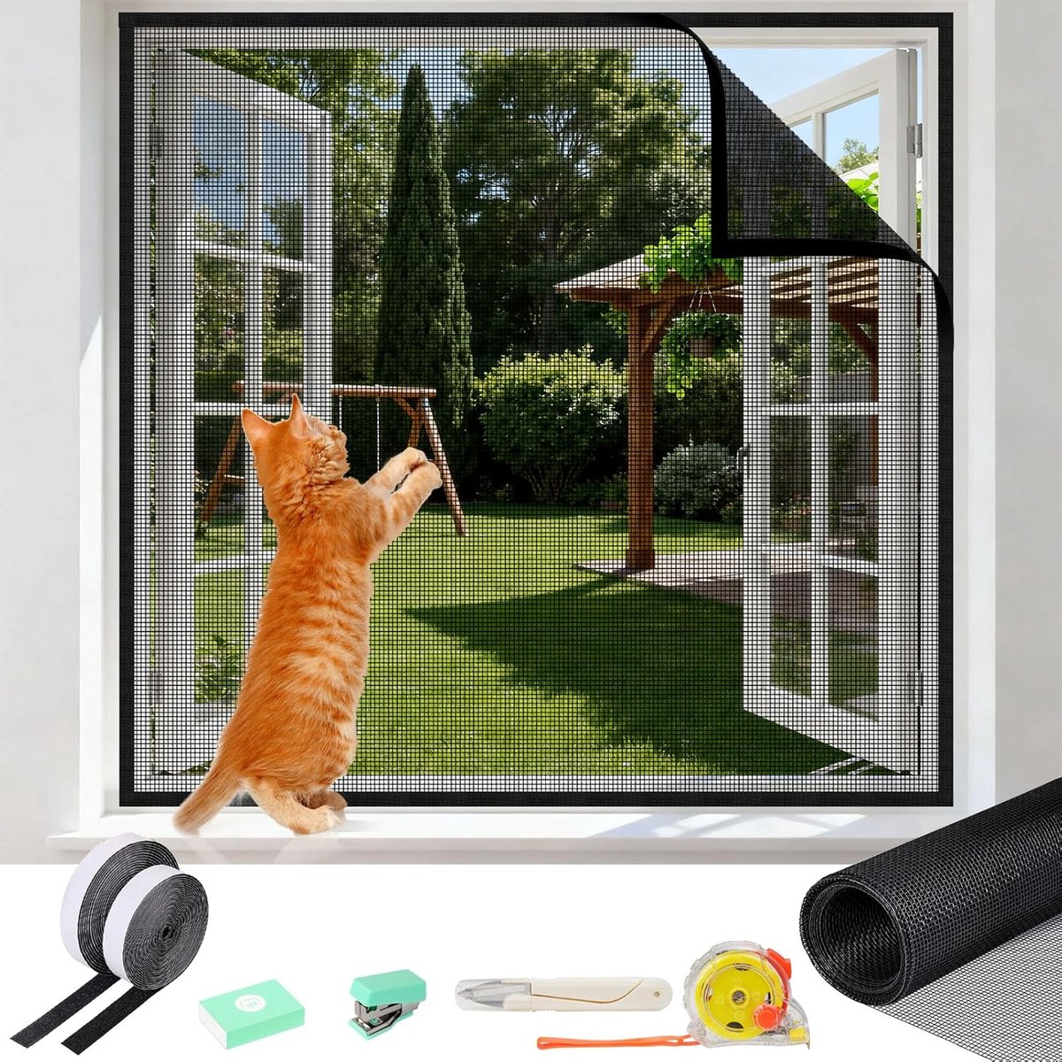 SnelShoppen - Kattennet Raamvliegengaas Kattenbestendig 100x130 cm - Verstelbaar zonder Boren - Inclusief Zelfklevende Band, Meetlint, Schaar en Nietm