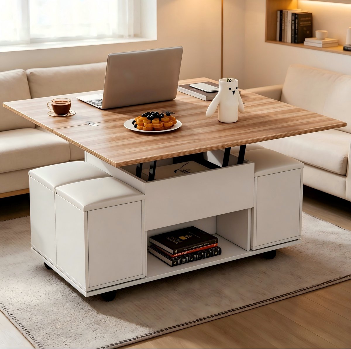 OKWISH Salontafel - Hoogte Verstelbaar Lift Top Ontwerp - 100 x 100 x 63,5 cm - Verborgen Opbergruimte En Wielen - Spaanplaat Wit