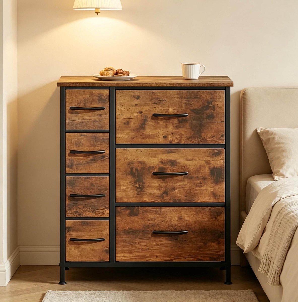 OKWISH Dressoir - Vintage Ladekast 63,5 x 30 x 73 cm - 7 Lades En Tafelblad - Opbergkast Voor Woonkamer Slaapkamer Hal - Bruin Zwart