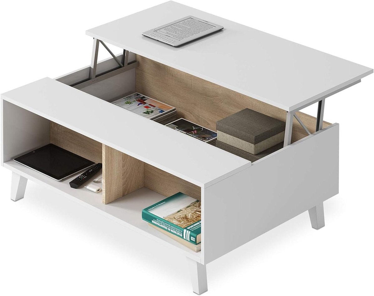 Salontafel - Koffietafel Bijzettafel - Woonkamer Opruimen - Opklapbaar Blad - 100 cm breed - Wit Eiken