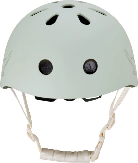 Lichtgroene kinderhelm met ventilatiegaten en witte bandjes.