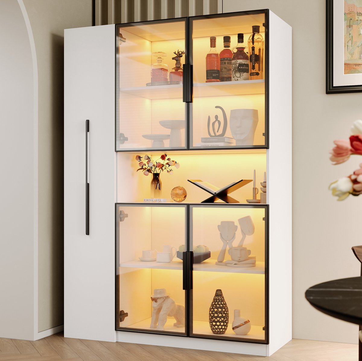 OKWISH Vitrinekast - Met LED-Verlichting En Uittrekbare Planken - Voor Woonkamer Of Keuken - MDF Wit - 110 x 35 x 160 cm