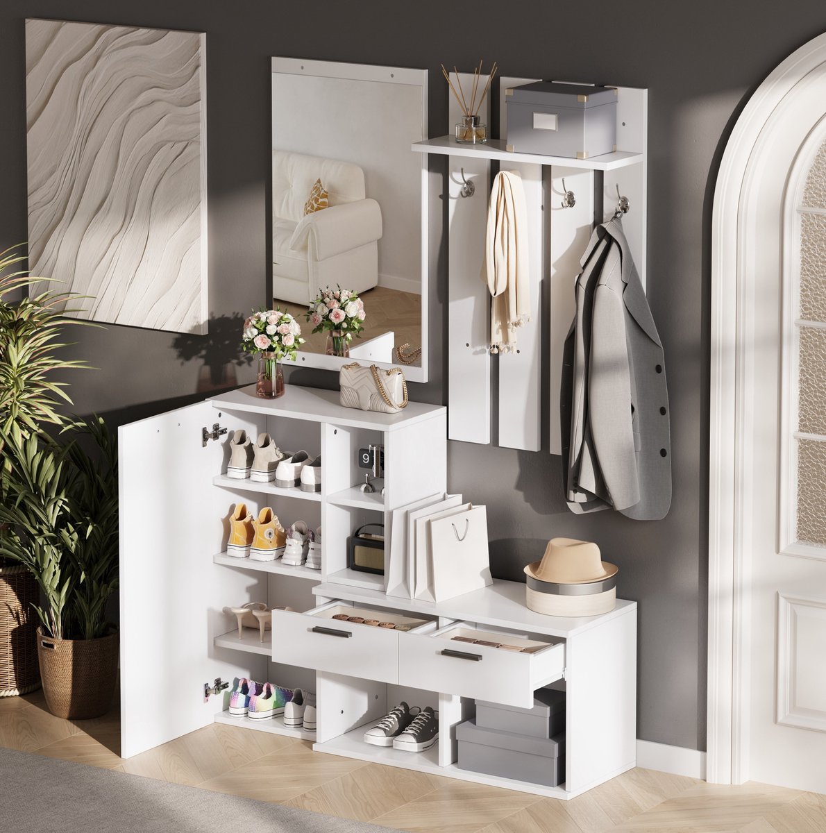OKWISH Schoenenkast - Garderobekast Met Spiegel En 2 Lades - 120 x 35 x 175,5 cm - 4 Haken En 10 Vakken - Staande Opbergkast - MDF Wit
