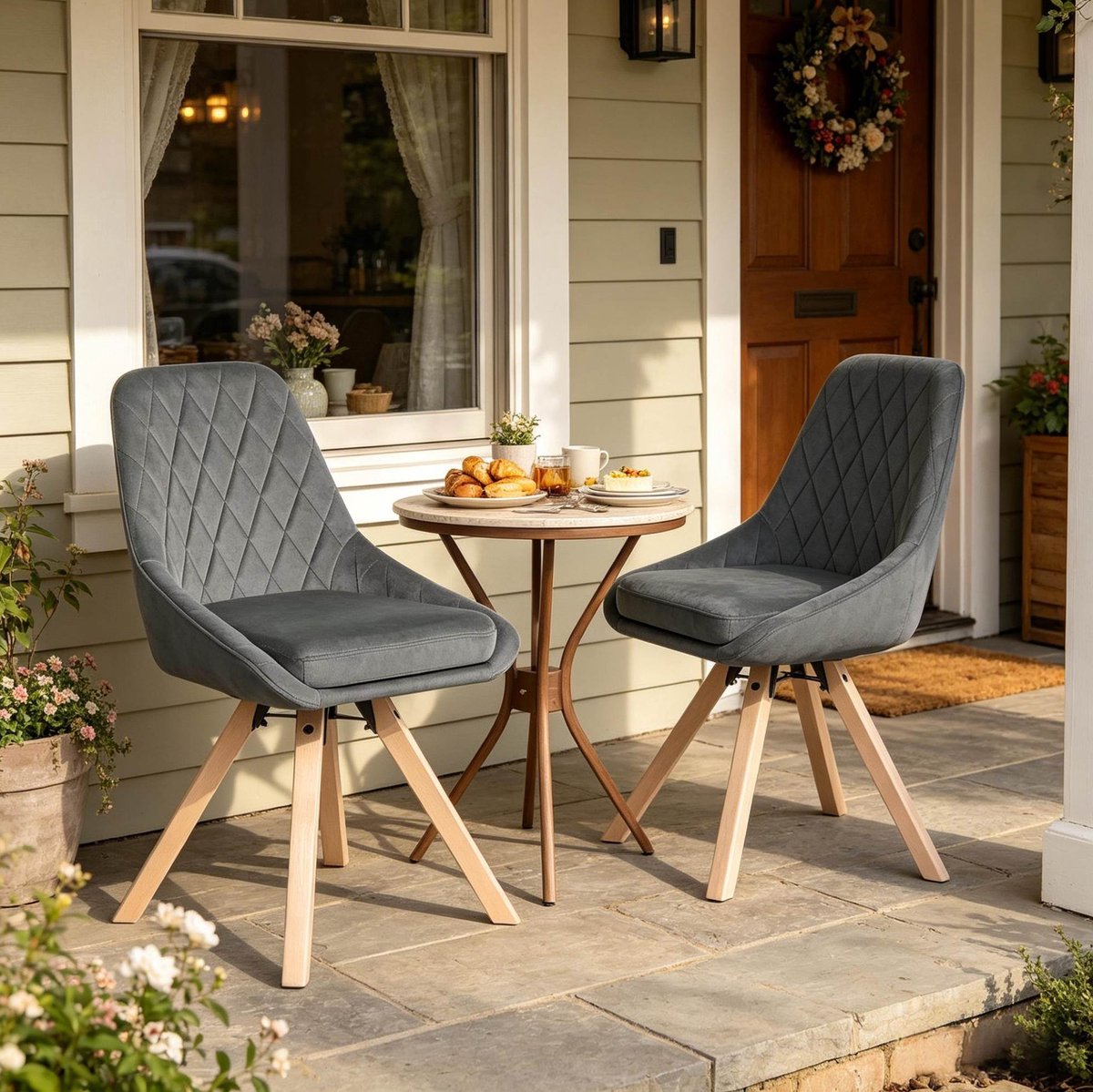OKWISH Eetkamerstoel – 360° Draaibaar – Set Van 2 – Velvet – Houten Poten – Comfortabel Voor Eetkamer Of Woonkamer – Donkergrijs