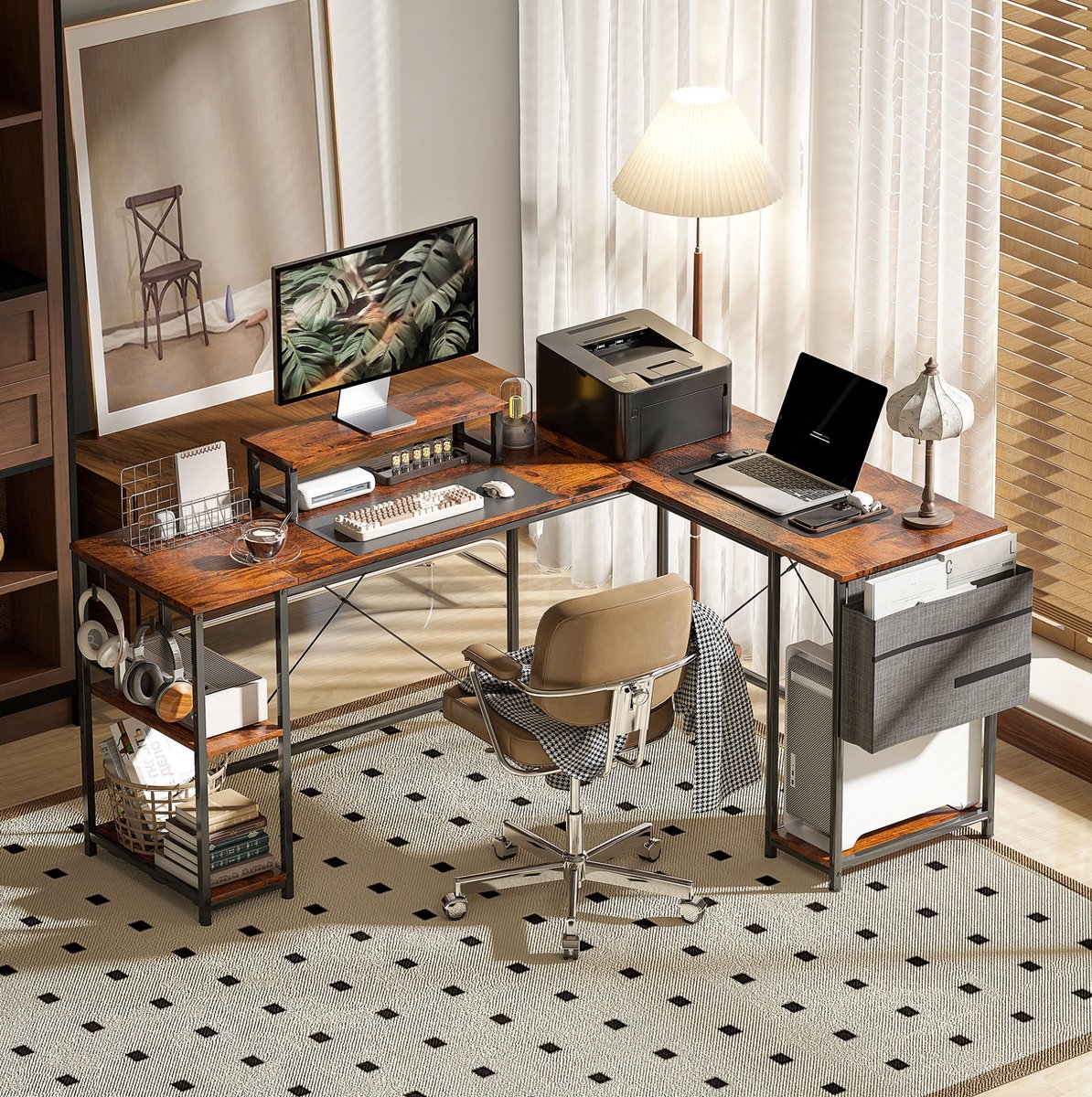 STILVORA Bureau - L Vormig Hoekbureau Met Monitorstandaard En Opbergruimte - Voor Kantoor En Gamen - Hout - 168x120x90 Cm - Bruin