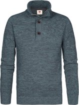 Blauwe gemêleerde sweater met hoge kraag, knoopsluiting en rits, van voren.