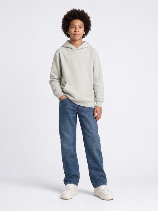 Jongen in een lichtgrijze hoodie met kangoeroezak, blauwe jeans en witte sneakers.