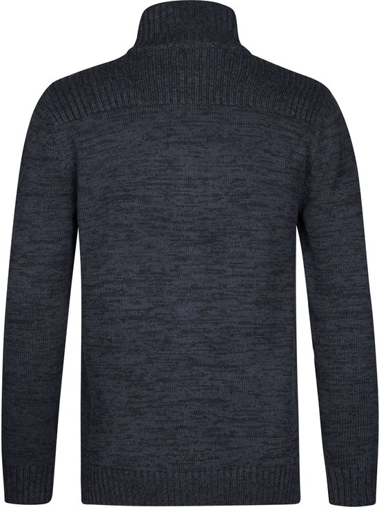 Donkerblauw gemêleerd gebreid vest met ritssluiting en hoge kraag.