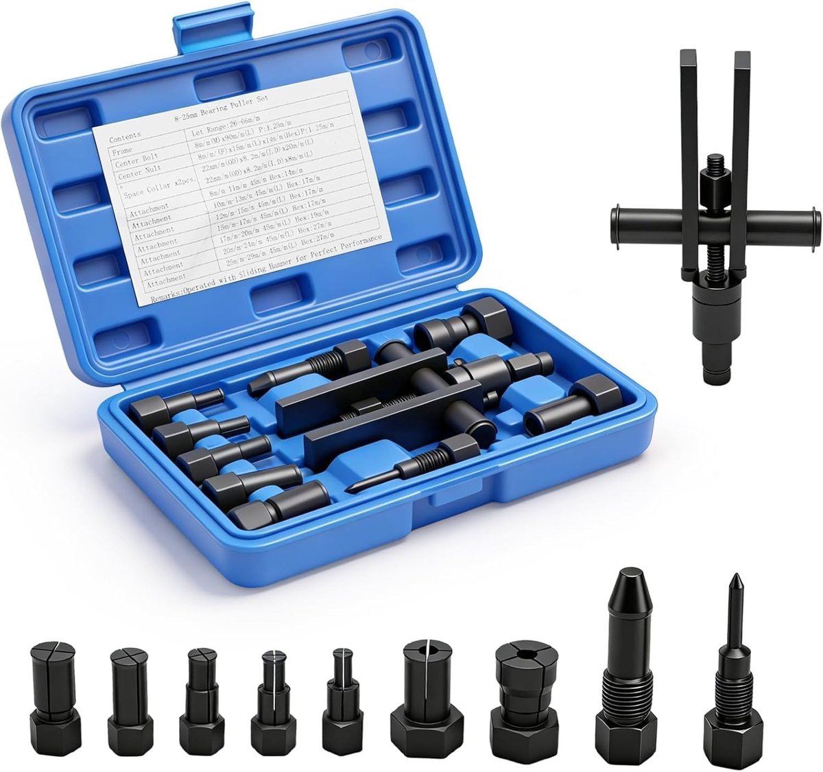 10-delige Trekker Set voor Lagers, Geschikt voor Motoren en Fietsen, Inclusief Gereedschap voor het Verwijderen van Binnenlagers en Wielen, 8-25mm