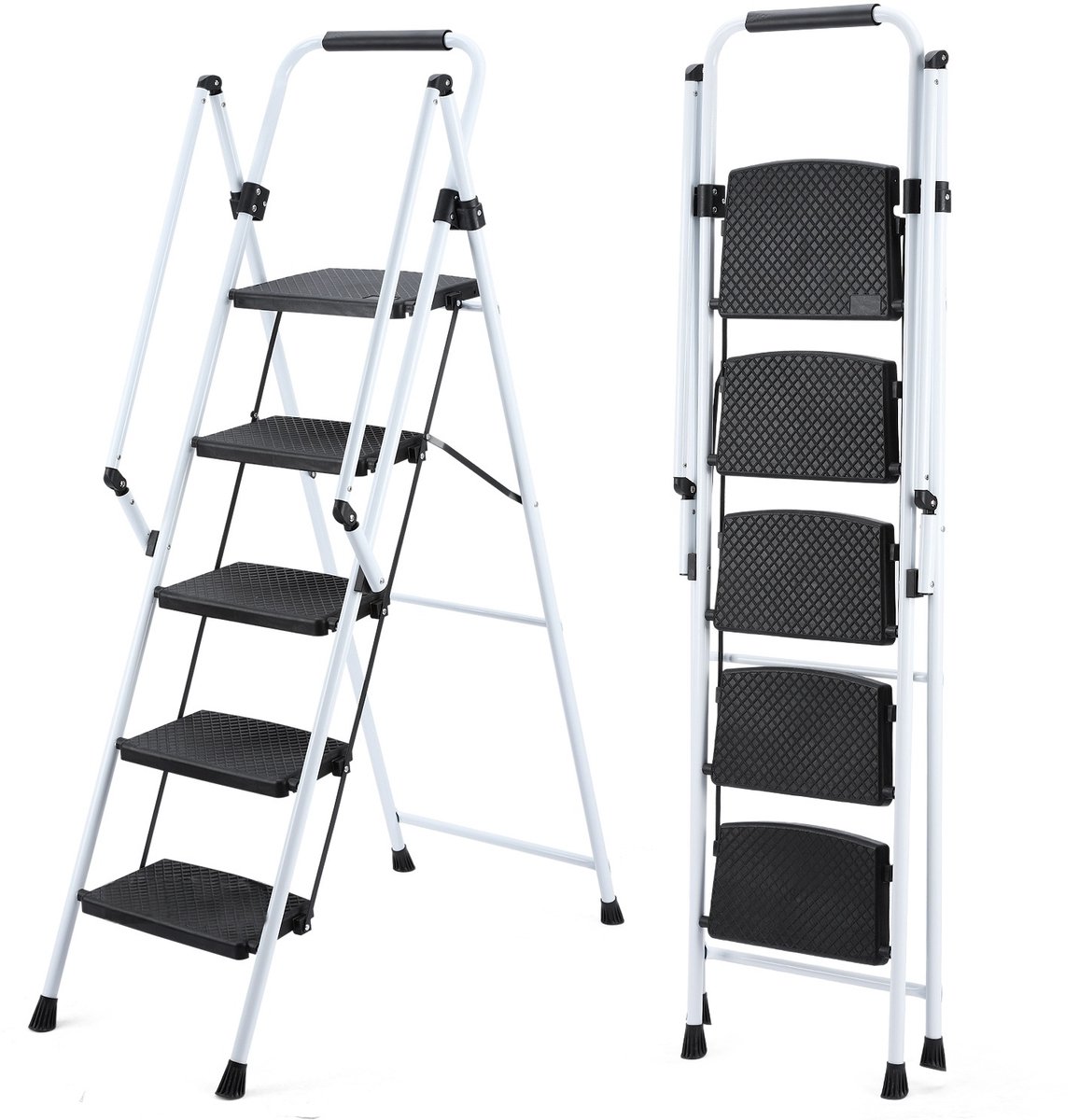 Opklapbare ladderkruk met 5 treden - Antislip brede treden - Veilige antislip handgreep - Lichtgewicht draagbaar tot 150 kg - Stalen frame - Witte kleur