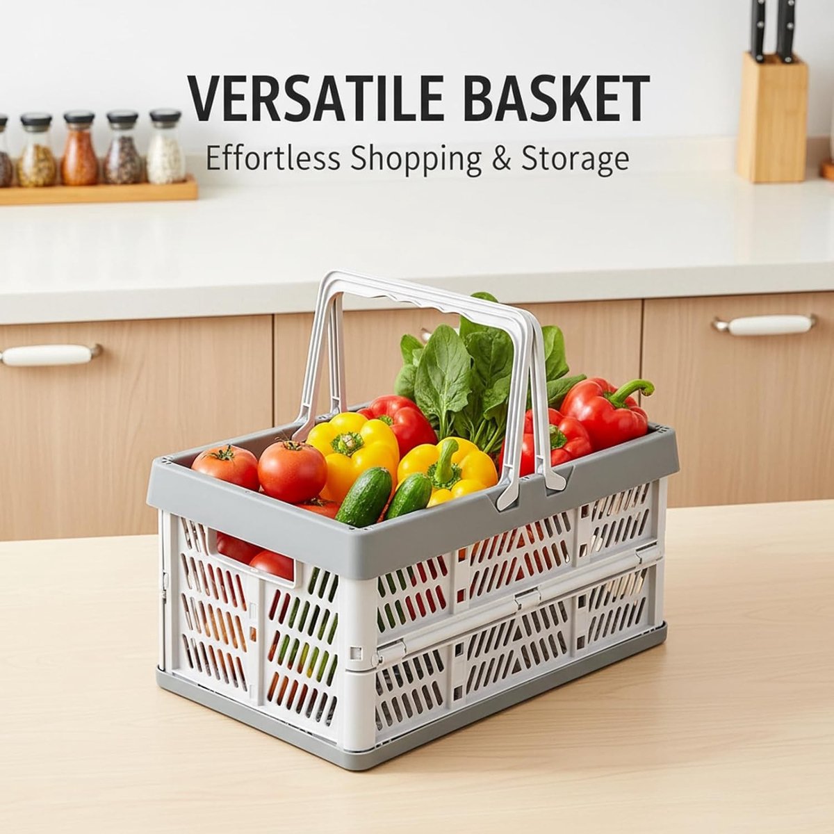 Vouwbare opbergmand met handvat, grote capaciteit voor fruit en boodschappen, ideaal als organizer voor reizen en huisgebruik (grijs)