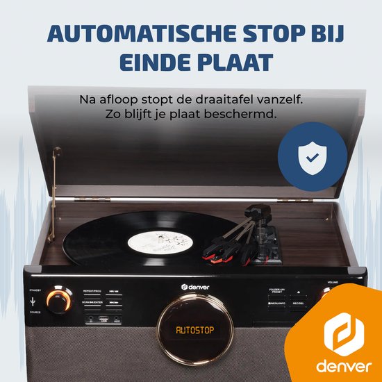 Denver Retro Platenspeler - DAB+/FM Radio - CD - Cassette - Bluetooth - Auto stop - MRD180 - Darkwood — afbeelding 2