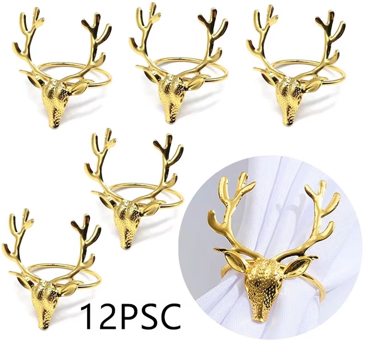 12-Pack Kerst Elanden Servetringen, Elanden Servetknoppen, Gouden Elanden Servetringen, Rendieren Servetknoppen Voor Kerstfeest Vakantie Tafeldecoratie