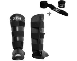 JOYA “PU DE LUXE” Scheenbeschermer – Kickboksen/MMA/Muay Thai – PU Kunstleer – Zwart – XL – incl. Bandage