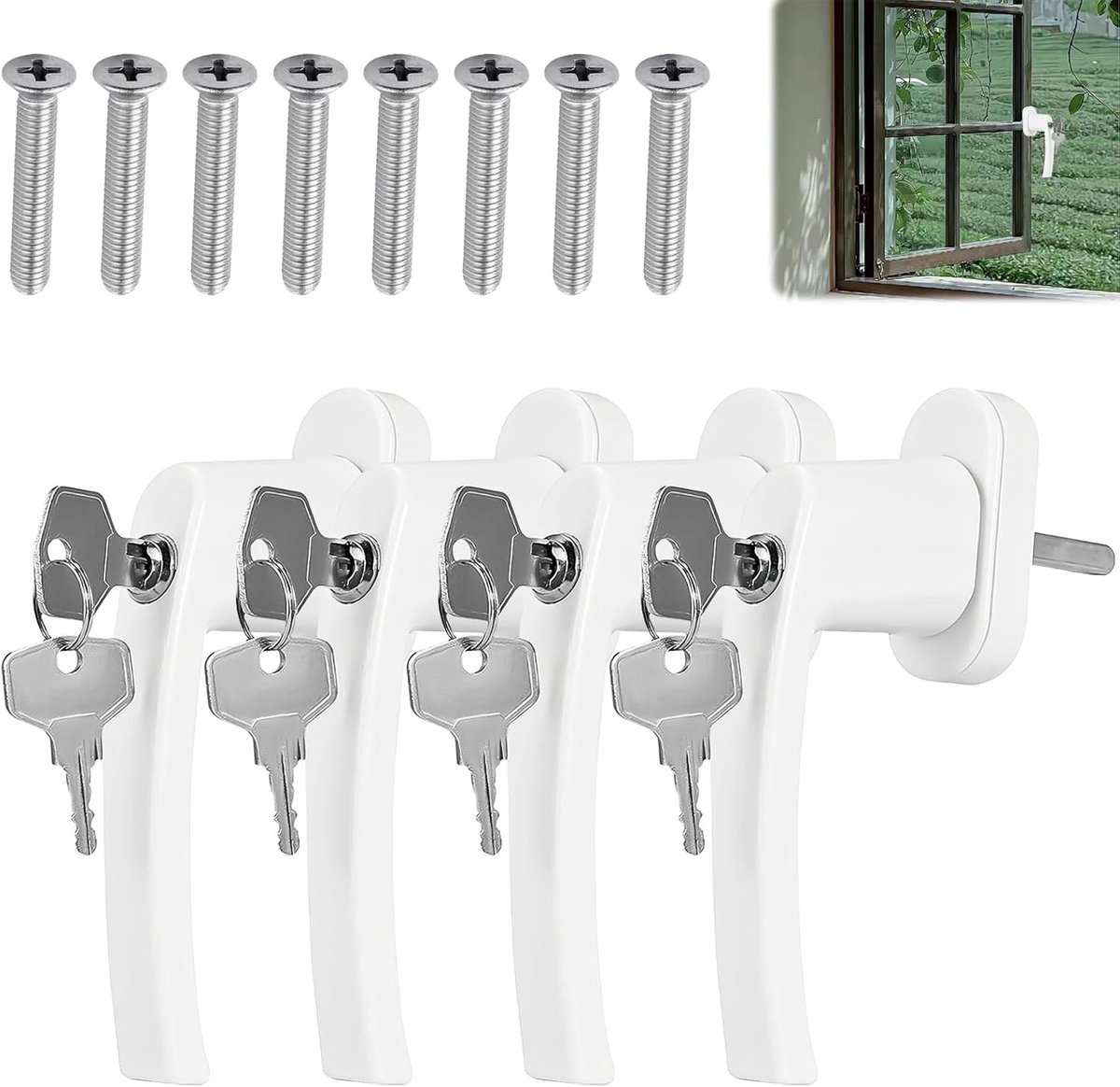 Set van 4 Vergrendelbare Aluminium Raamhandles met Sleutels - Veiligheidshandgrepen voor Raam, Terrasdeuren en Balkon - Stevige Aluminium Constructie in Wit
