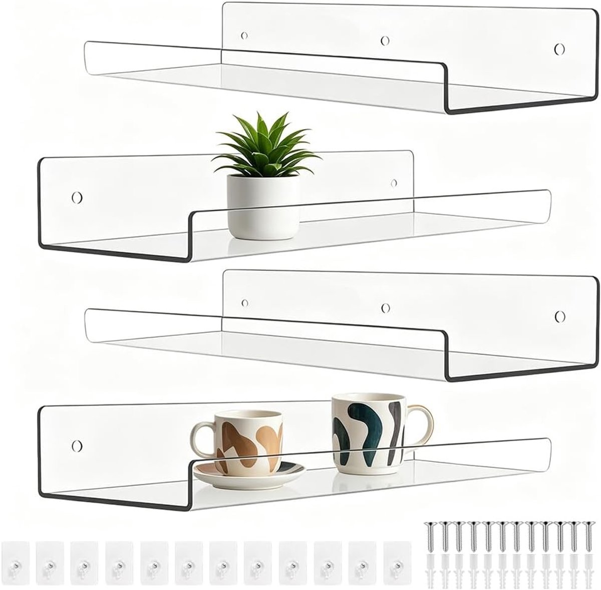 Set van 4 Transparante Wandplanken van 30 cm - Drijvende Mini Planken voor Badkamer, Woonkamer en Keuken, Zelfklevend en Eenvoudig te Monteren