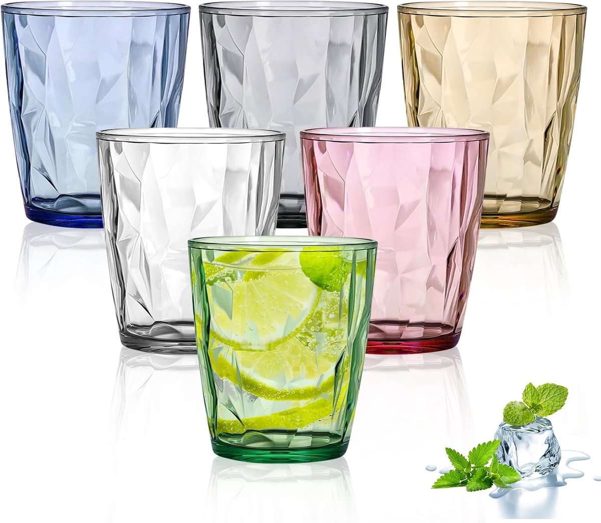 Set van 6 grote drinkglazen van 300 ml, kleurrijke acryl glazen voor water, whisky en cocktails, ideaal voor feestjes en dagelijks gebruik