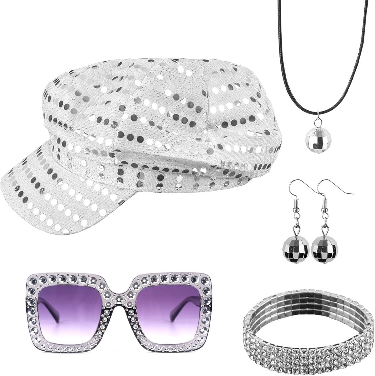 70s Sequins Kledingset voor Dames - 5 Delige Disco Accessoires, Perfect voor Themafeesten en Verjaardagsfeesten, Inclusief Hoofddeksel en Oorbellen