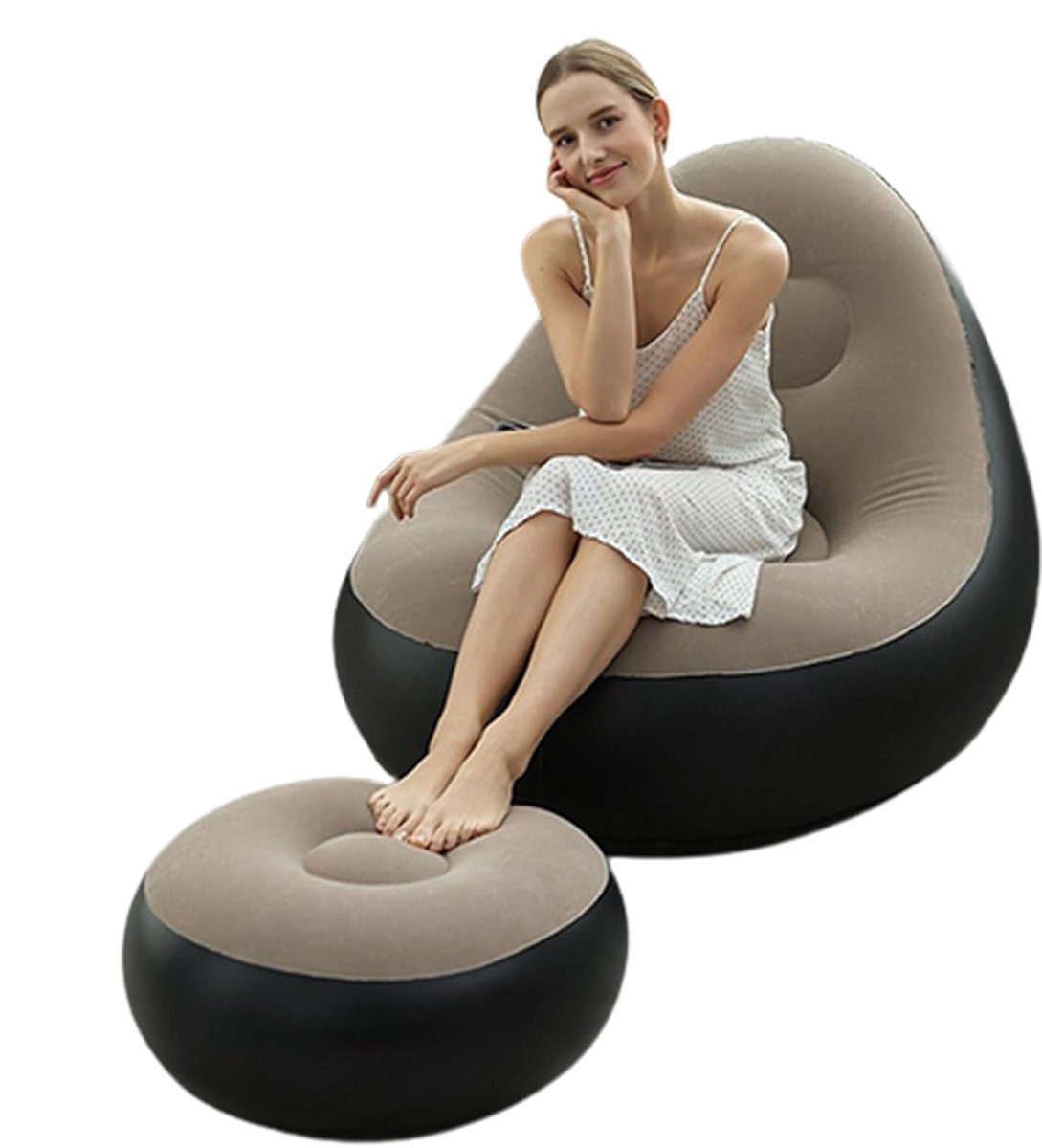 LISM-Opblaasbare bank met voetensteun, opblaasbare fauteuil voor buiten, opblaasbare zitzak voor gamen en kamperen, lichtbruin.