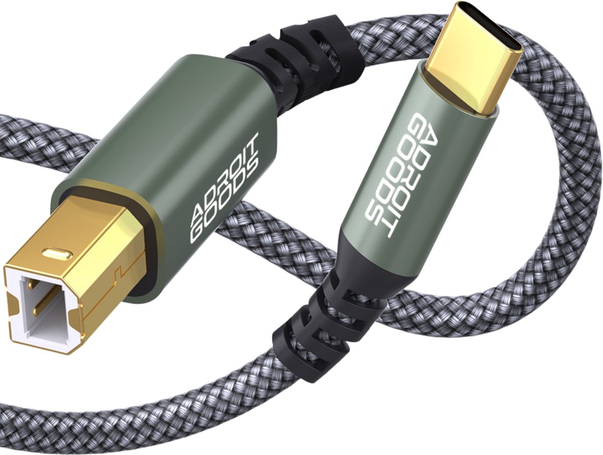 AdroitGoods USB-C naar USB-B Printerkabel 480Mbps High Speed USB 2.0 Printer Kabel Type-C naar USB-B Duurzaam Gevlochten Stabiele Verbinding grijs 2 m