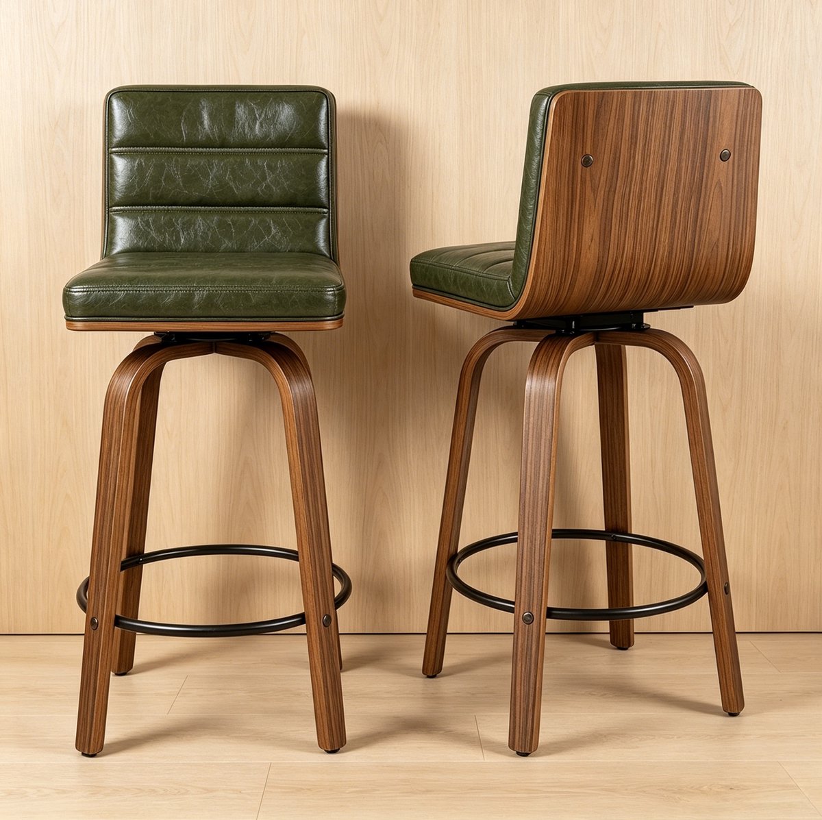 OKWISH Barkruk - 40 x 48 x 90 cm - 360° Draaibaar Met Rugleuning En Voetenring - Voor Keuken, Bar Of Theke - Hout En Groen