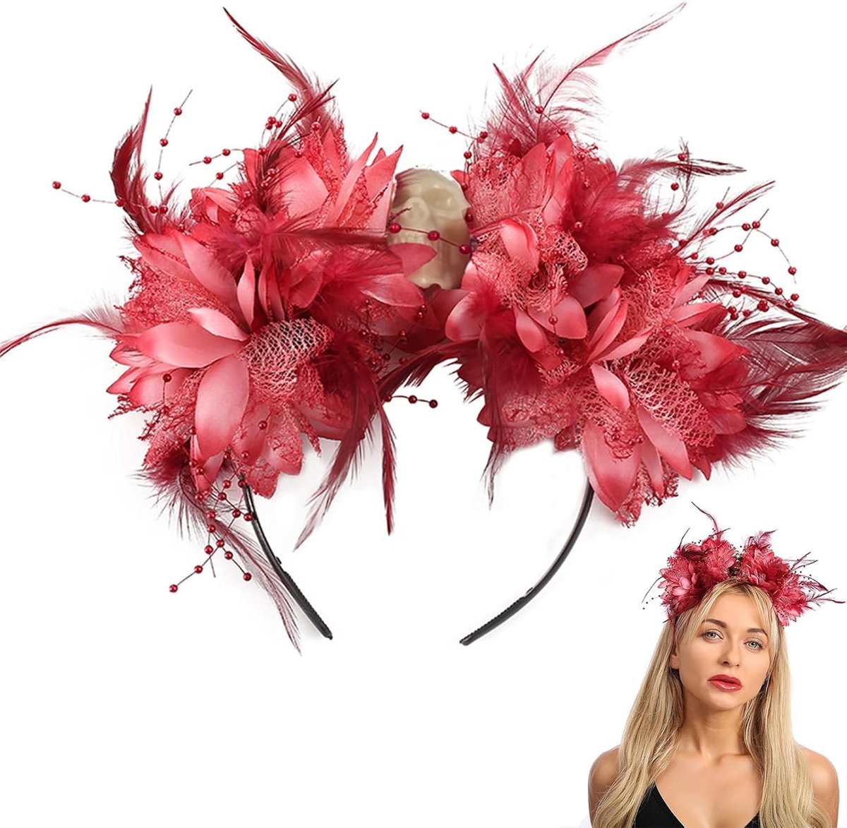 Kostuum Hoofdbanden voor Halloween en Dia de Muertos met Bloemen, Veren en Schedels voor Vrouwen Cosplay en Feestdecoratie