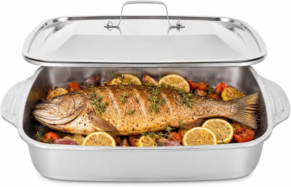Rechthoekige roestvrijstalen bakvorm met deksel, 41 x 24 x 7,5 cm, ideaal voor oven, grill en stomen, duurzaam en multifunctioneel