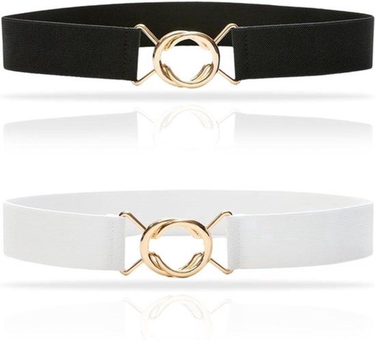 2 Stuks Brede Elastische Damesriem - Onzichtbare Riem voor Dames - Vintage Elastische Taille Riem - Verstelbaar met Platte Gesp - Zwart Eén