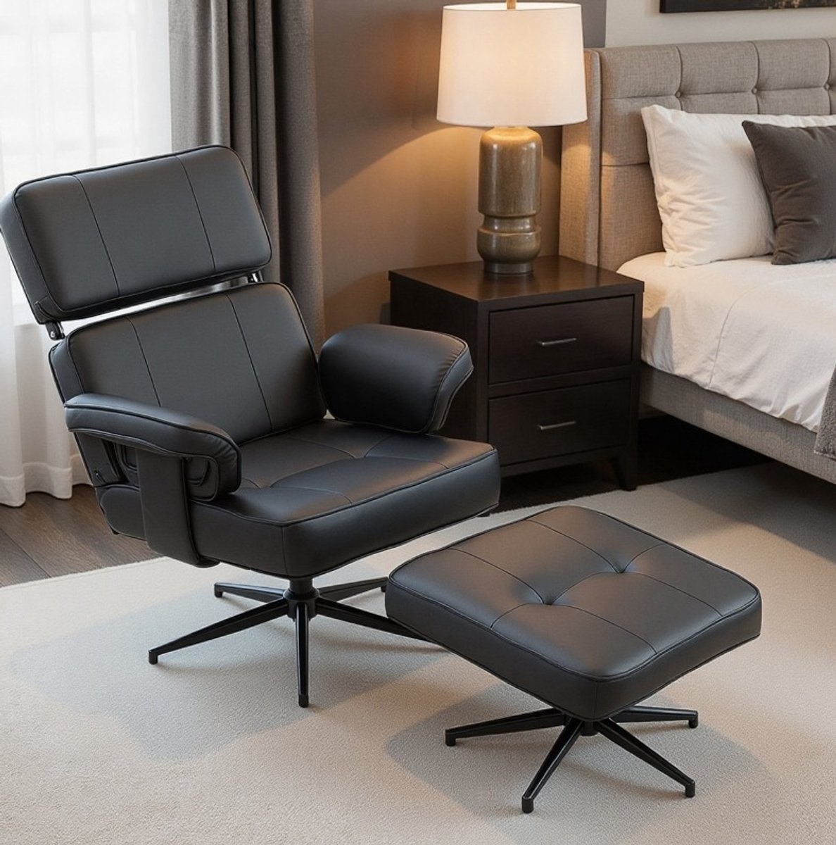 MIVRAY Relaxfauteuil 91 x 79 x 89 cm - Verstelbare Hoofdsteun Met Hocker - Voor Woonkamer En Leeshoek - Kunstleer - Zwart