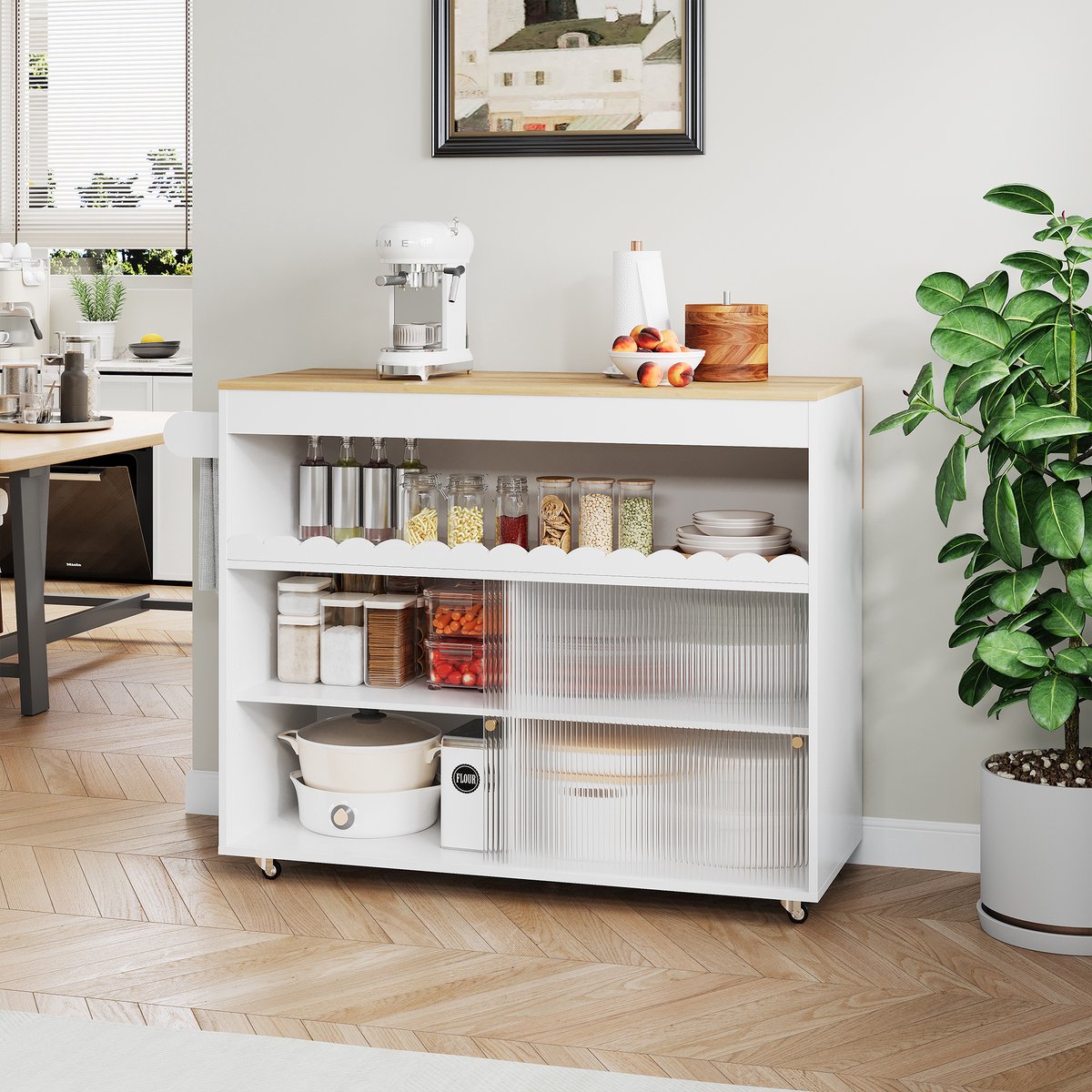 COVREO Keukeneilandwagen 122 x 46(69) x 91 cm - opklapbaar, glazen schuifdeuren, wit/naturel