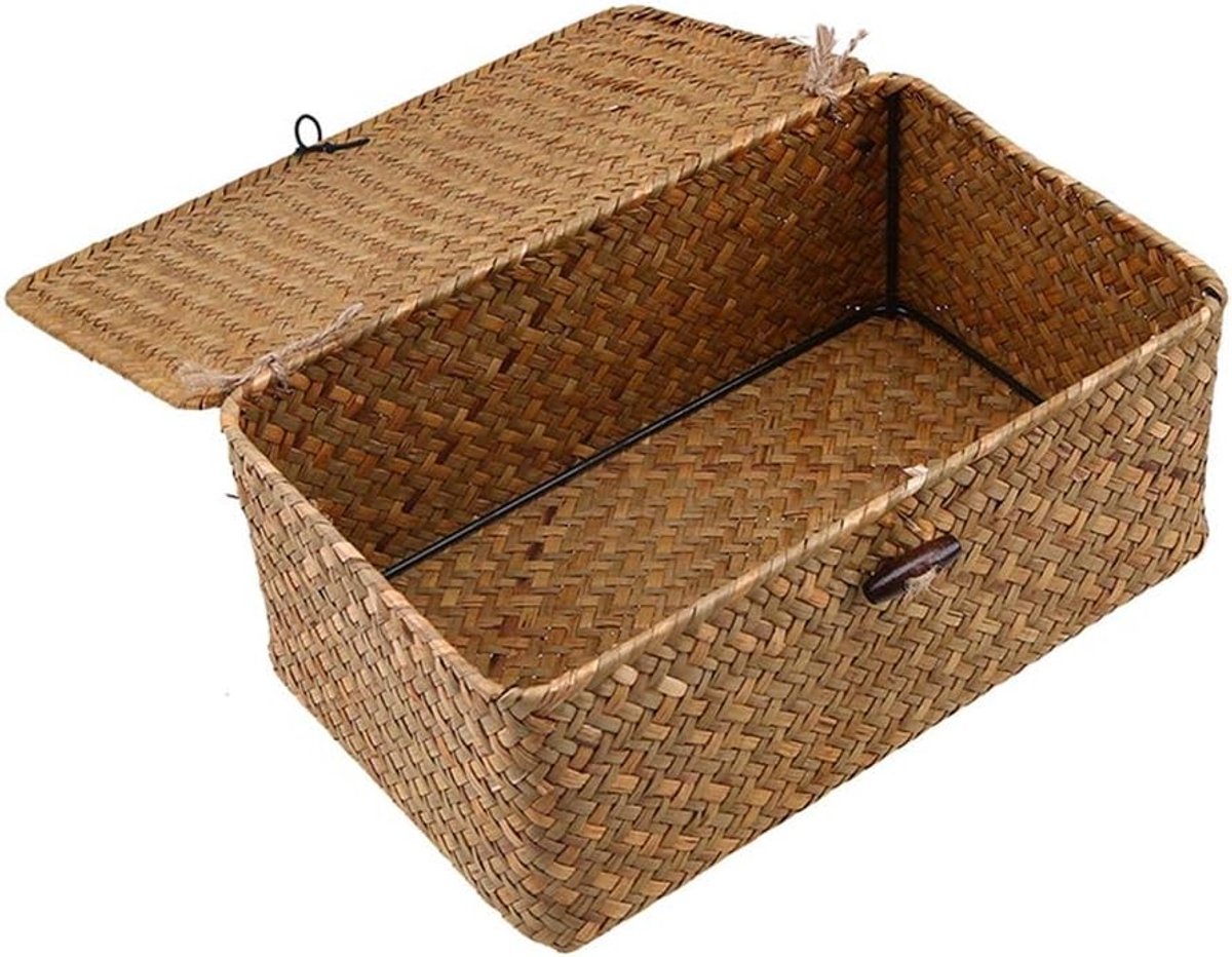 Woven Rattan Opbergmand met Deksel - Seagrass Wasmand en Make-up Organizer voor Badkamer, Woonkamer en Keuken (M)