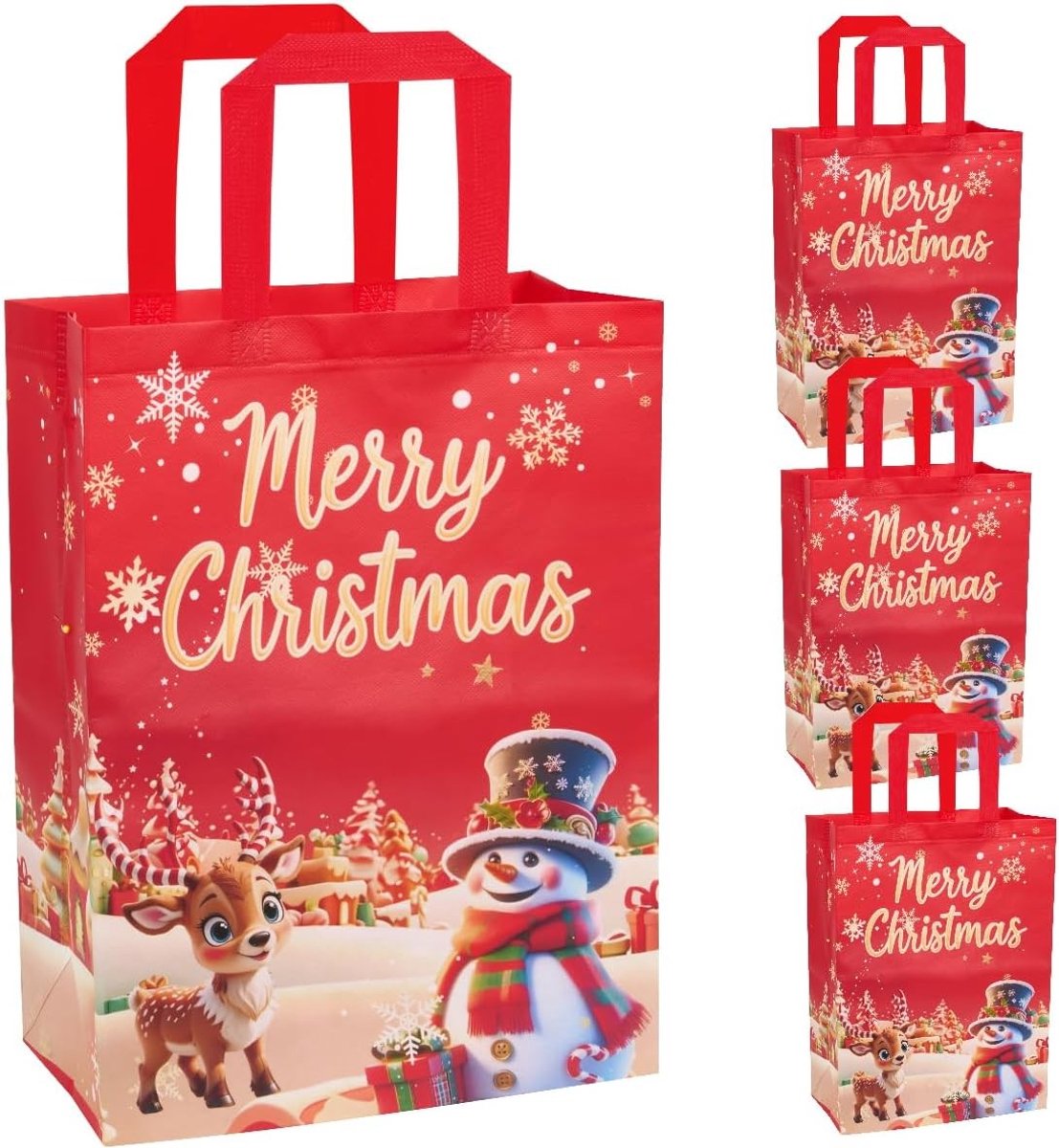 Herbruikbare grote kersttassen in rood non-woven materiaal met kerstelf en sneeuwman, perfect voor cadeauverpakking en feestelijke decoratie