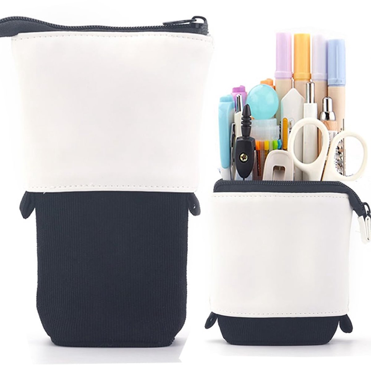 Telescopische Pennenzak Zwart – Staande Etui met Verstelbare Hoogte – Grote Potlodentas van PU en Corduroy – Multifunctionele Organizer voor School, Kantoor en Make-up Kwasten