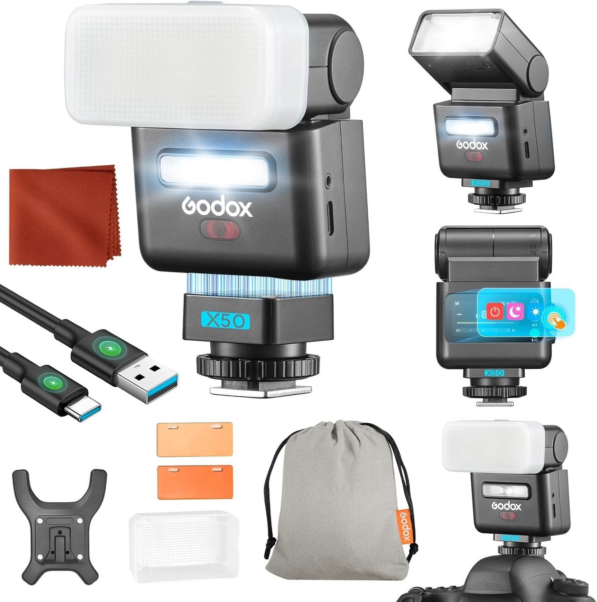 Professionele TTL Flitser met HSS en Rotating Flash Head voor Olympus - 2-in-1 LED Modeling Light en Magnetische Filter