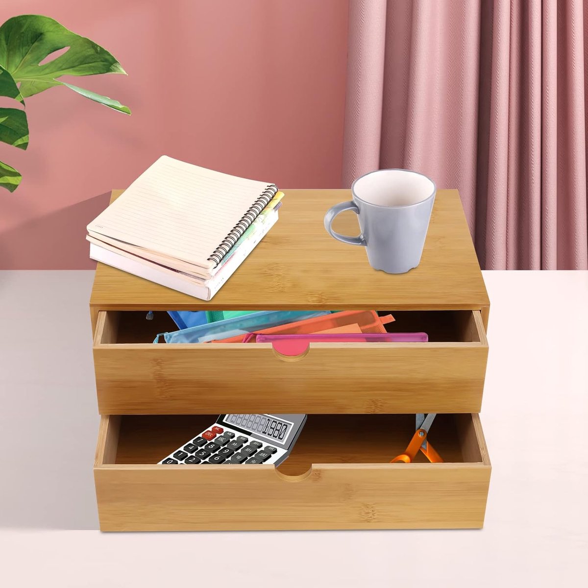 Bureau Organizer - Opbergdoos Lade - Kantoor Organiseren - Natuurlijke Bamboe Look - 2 Laden - Natuurlijk — cadeau in Wonen & Interieur - foto 7
