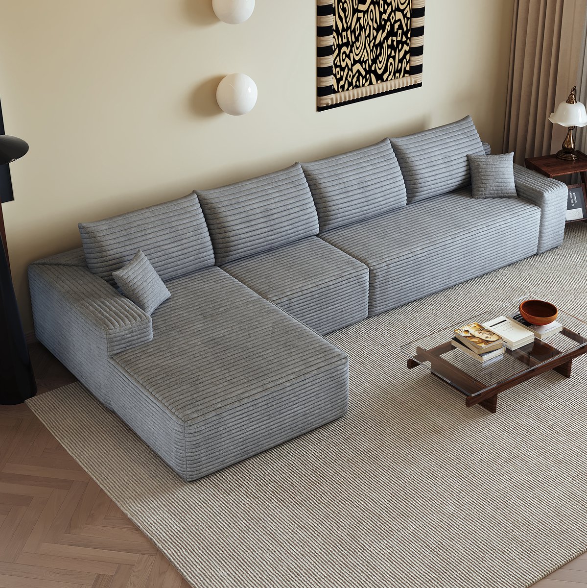MIVRAY Hoekbank 340 cm - Modulair Met L-vormige Chaise Longue En Diepe Zit Zonder Montage - Voor Woonkamer En Slaapkamer - Corduroy Grijs