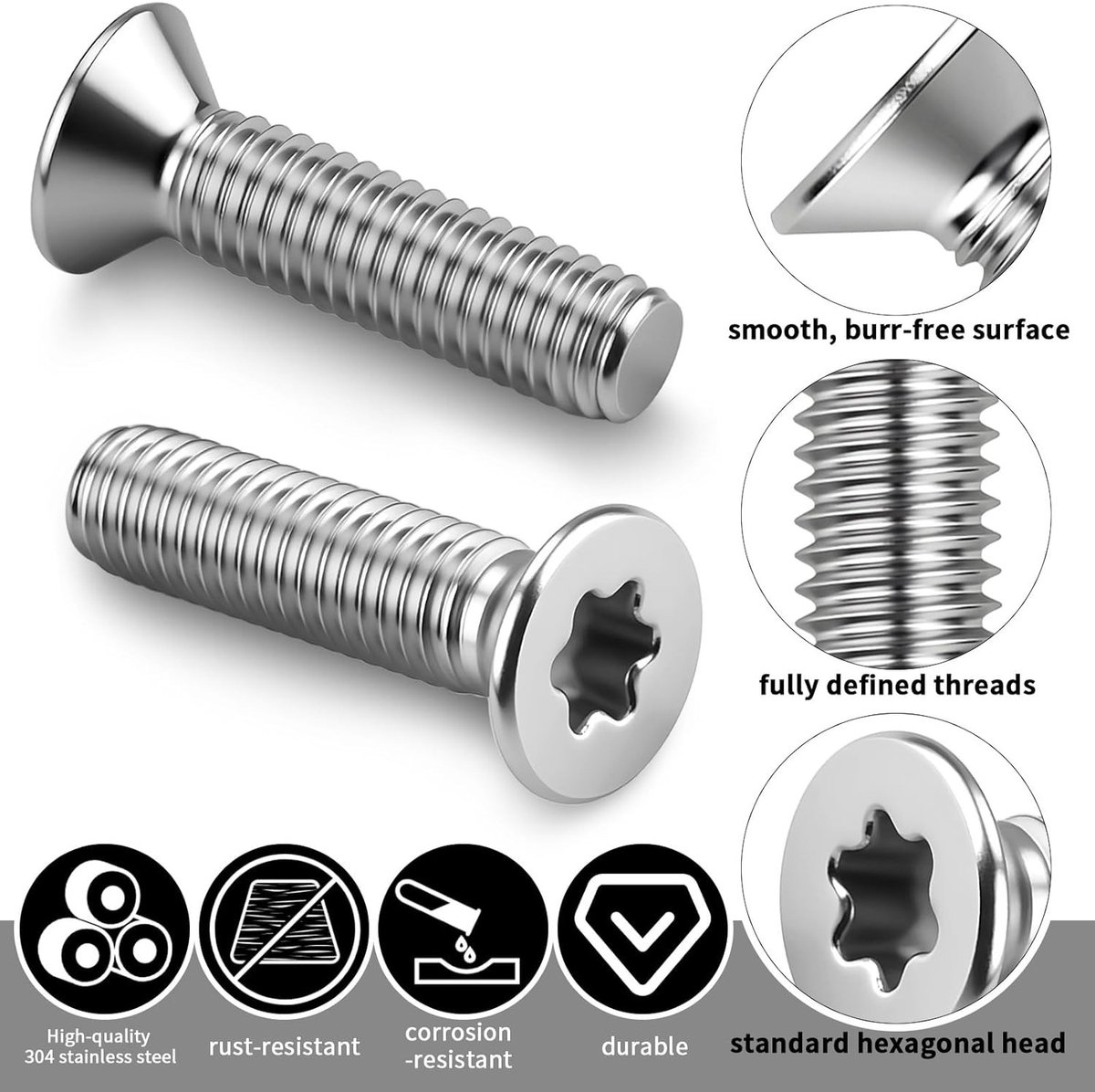 Set van 50 RVS Torx Schroeven M3 x 6 mm met Verzonken Kop, Volledige Draad en Sleutel voor Houtbewerking