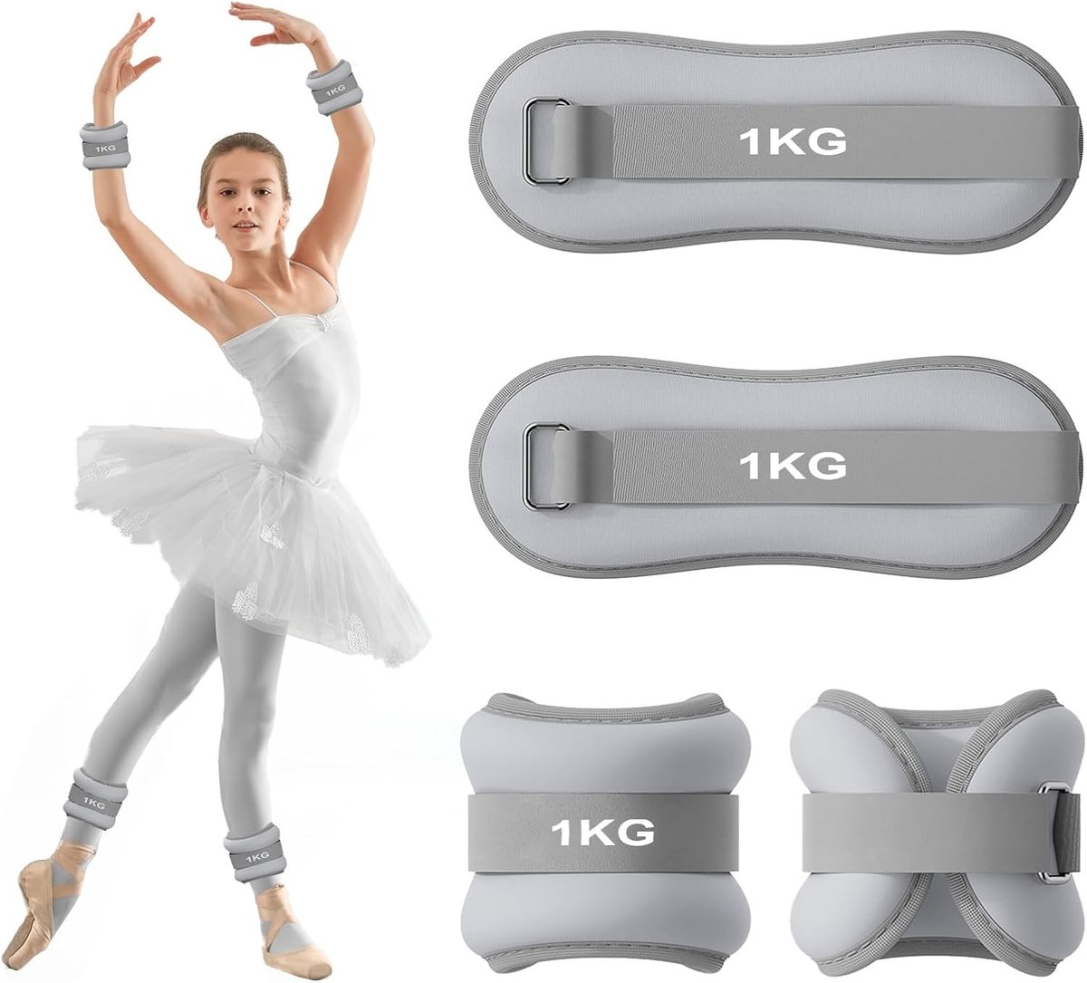 2-Pack Gewichten voor Enkels en Polsen, Ideaal voor Pilates, Yoga, Wandelen en Joggen, 1 kg per stuk (Grijs)