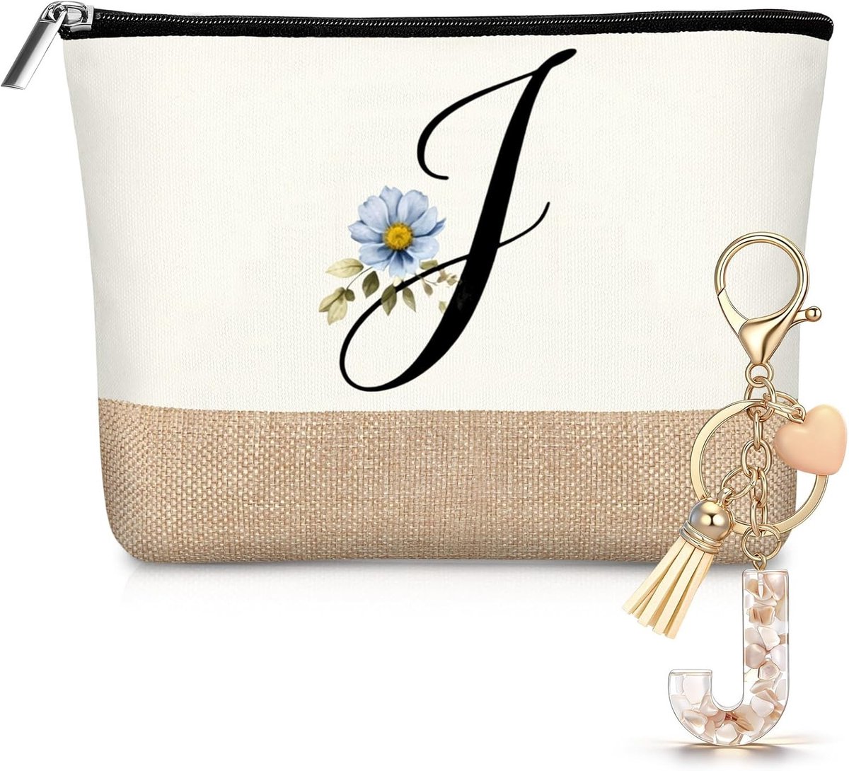 Persoonlijke Jute Make-up Tas met Initialen en Sleutelhanger - Reis- en Cosmetica Bag voor Vrouwen, Perfect voor Verjaardagen en Bruiloften