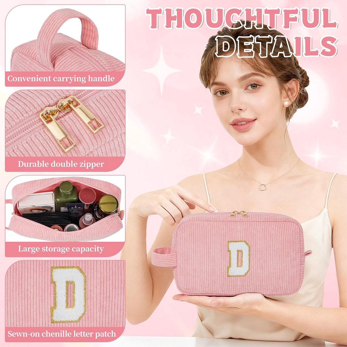 Schattige Corduroy Make-up Tas voor Vrouwen, Gepersonaliseerde Cosmetic Organizer met Aanpasbare Letters, Praktische Opbergtas voor Vriendinnen in Roze, Perfect voor Make-up en Accessoires