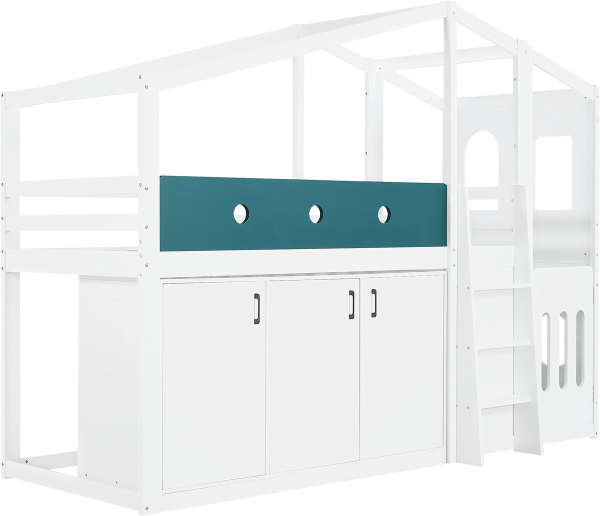 Wishdor Halfhoog kinderbed 90x200 cm - huisvorm met speelruimte en stauraum - houten kinderbed met ladder - wit - kinderkamer - 256,5 x 110 x 190 cm