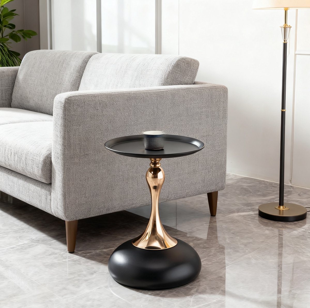 FloraGrace Bijzettafel - Ronde Metalen Tafel Voor Woonkamer En Slaapkamer - Compact Voor Kleine Ruimtes - Zwart Goud - 38 x 54 cm